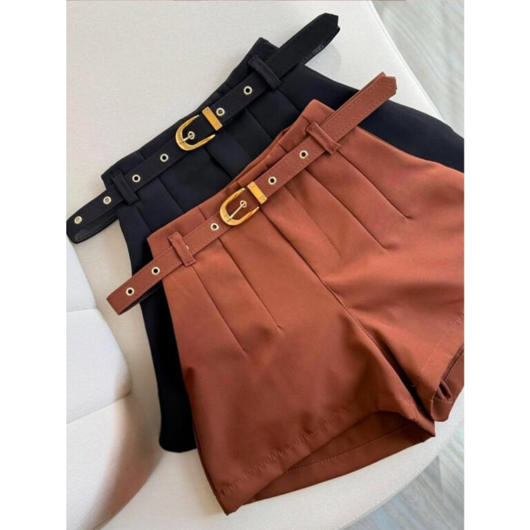 Short Alfaiataria Feminino Com Cinto fivela dourad