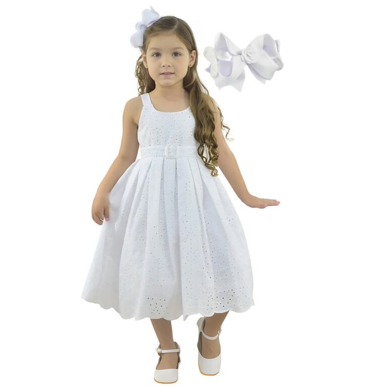 Kit Vestido Laise Branco Infantil + Laço para Cab