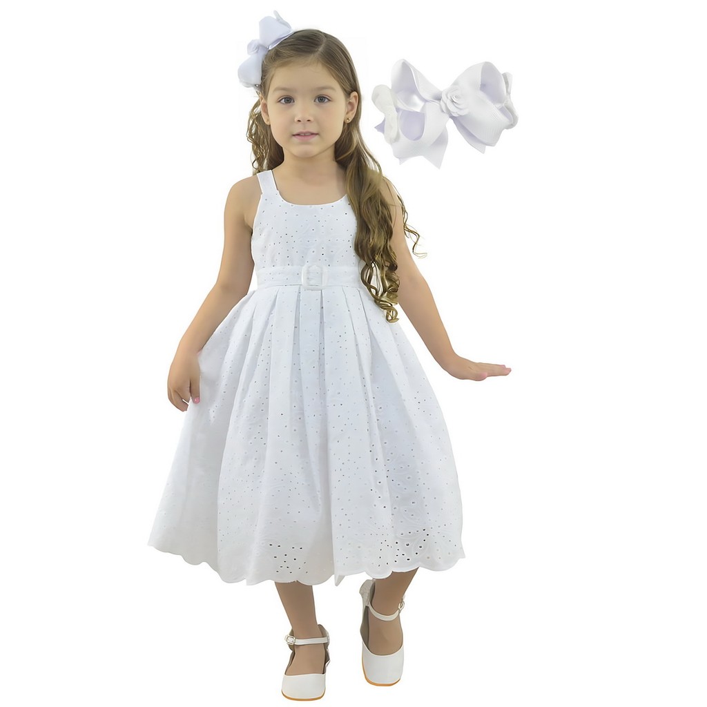 Kit Vestido Laise Branco Infantil + Laço para Cabelo Luxo
