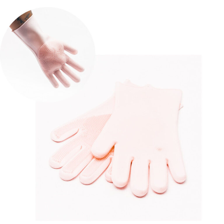 Par de luvas para lavar louça de silicone rosa da