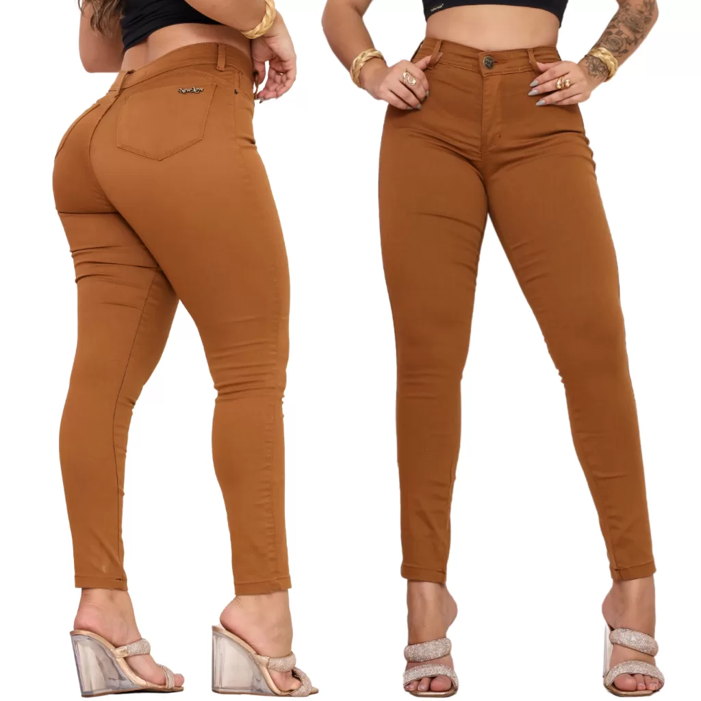 Calça Jeans Feminina Skinny Cintura Alta Empina Bumbum Modeladora Com Lycra Caramelo