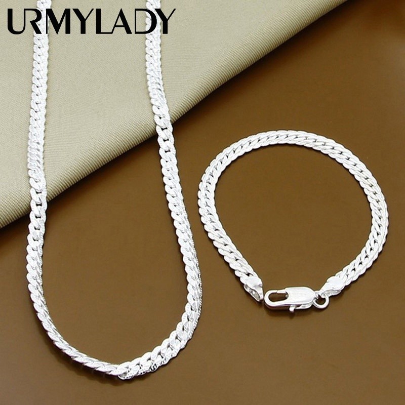 Conjunto De Corrente De Prata URMYLADY 2 Peças 6 Mm Colar Lateral Pulseira Presente Unissex