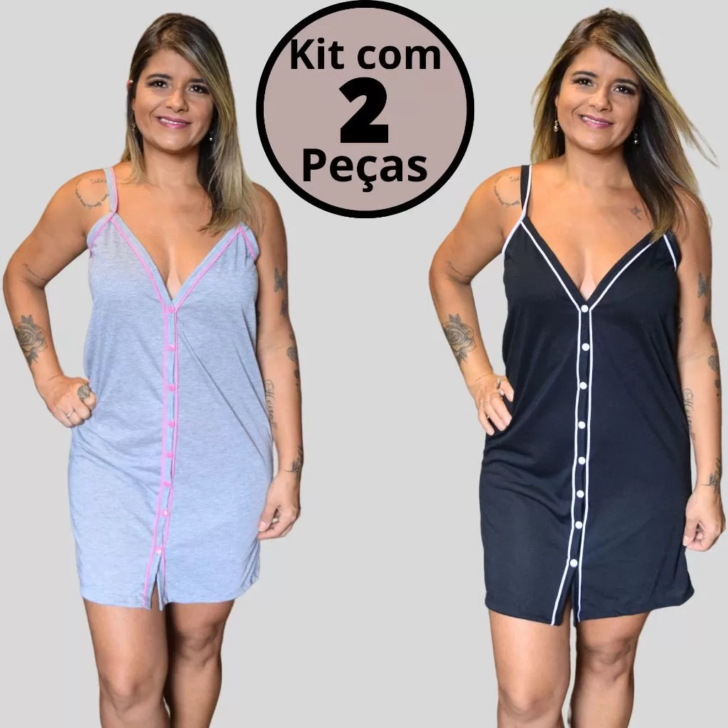 Kit com 3 Camisolas Amamentação Pós Parto Cirúrgica com Botões Alcinha em Malha Estampas Sortidas