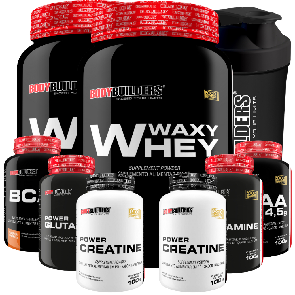 Kit 2x Waxy Whey 900g + 2x BCAA + 2x Creatina 100g + 2x Glutamina 100g + Coqueteleira – Bodybuilders