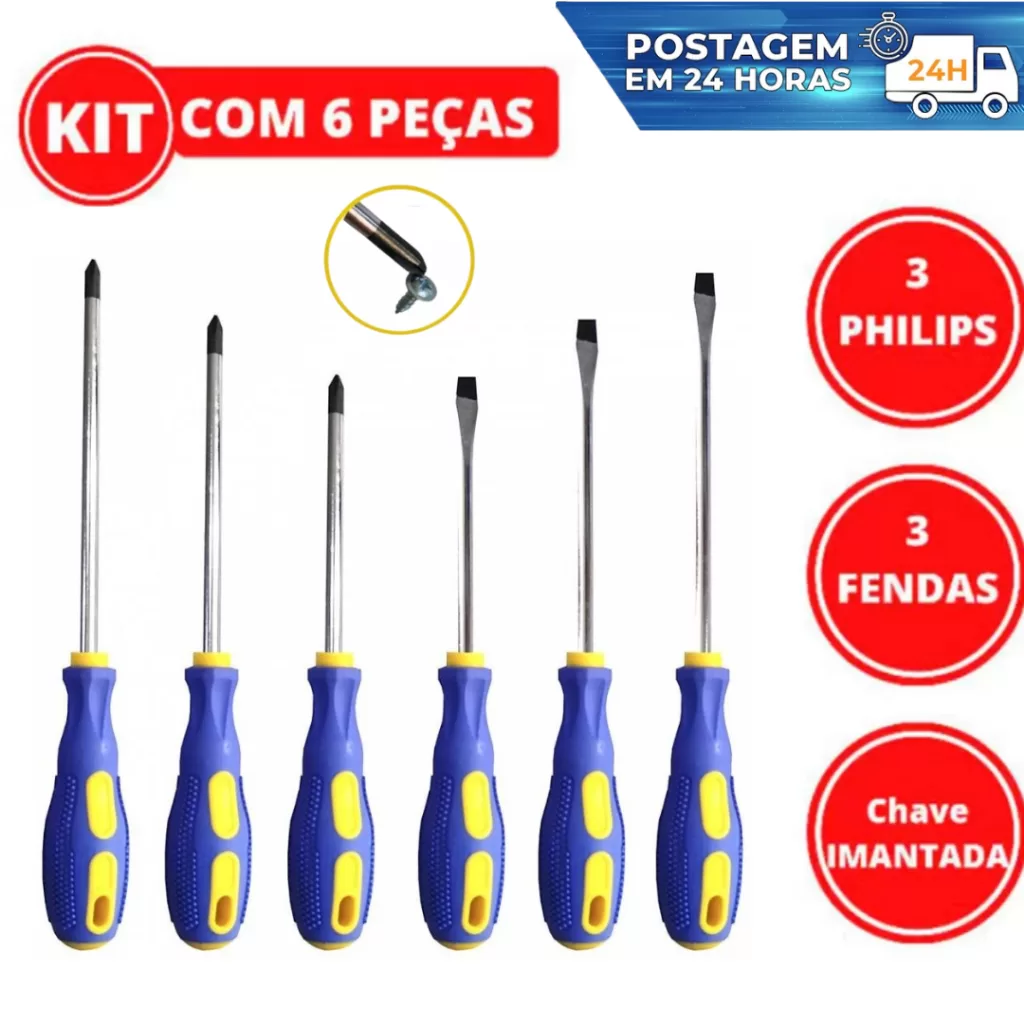 Kit Jogo De Chave de Fenda e Phillips simples em aço Ponta  imantadas e cruzada Cabo emborrachado