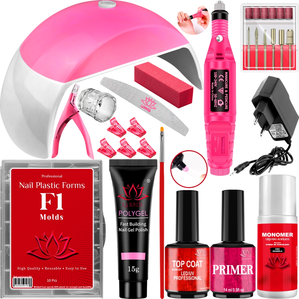 Kit Polygel Completo Cabine Mini G 48W LED UV Unhas Poligel Lixadeira Elétrica Caneta Manicure