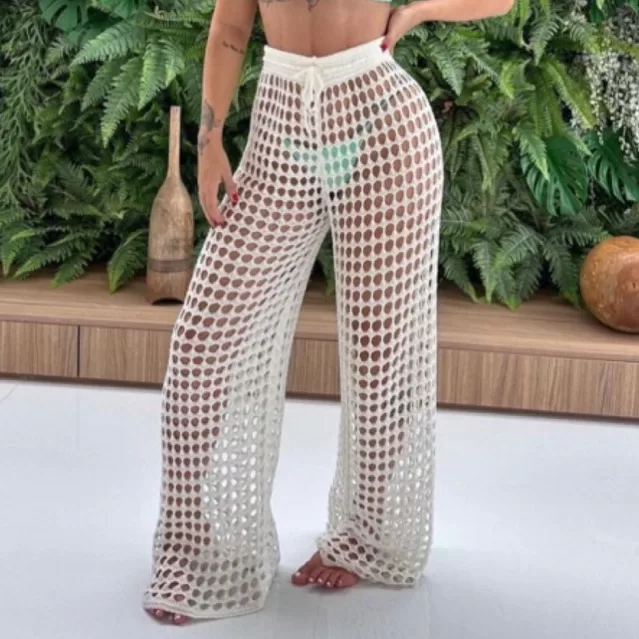 Calça Tricot Crochê Furinho Saída de Praia Cint