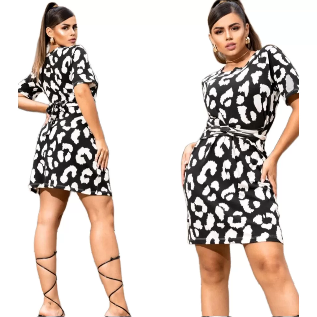 Vestido Feminino Adulto De Onça Curto Midi De Amarrar Verão