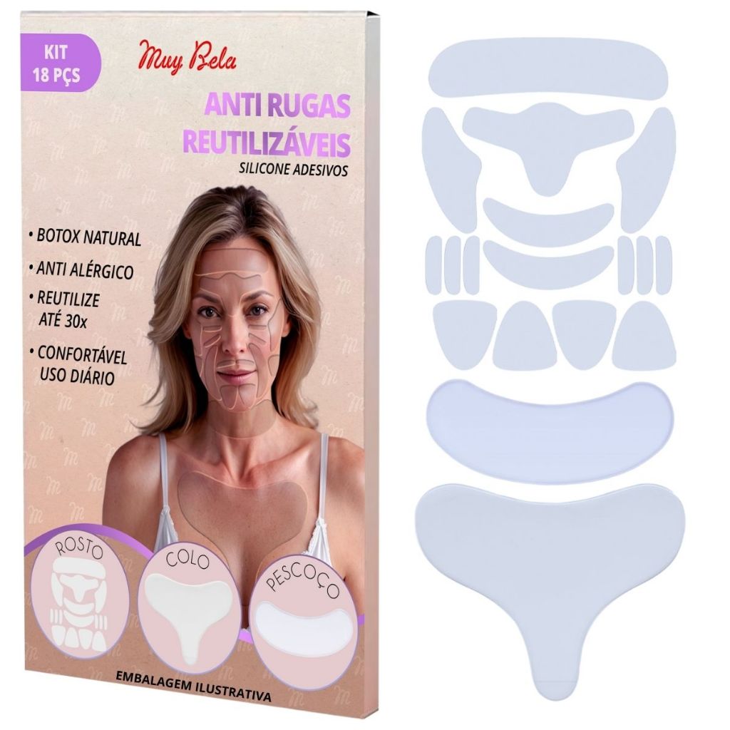 Kit 18 Adesivos Anti Rugas Muy Bela | Rosto + Pescoço + Colo | Lifting Facial | Reutilizável Até 30x