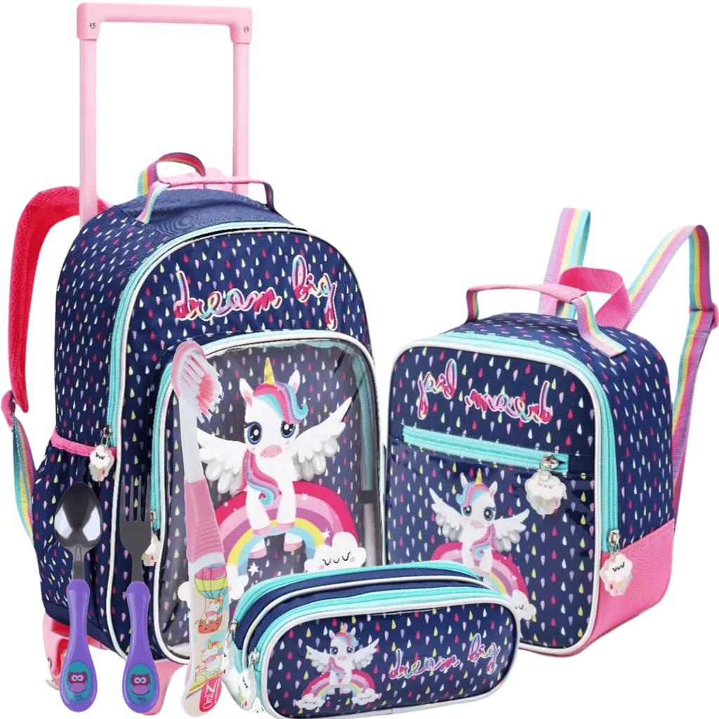 Mochila Infantil Escolar Unicornio Rodinhas kit Completo