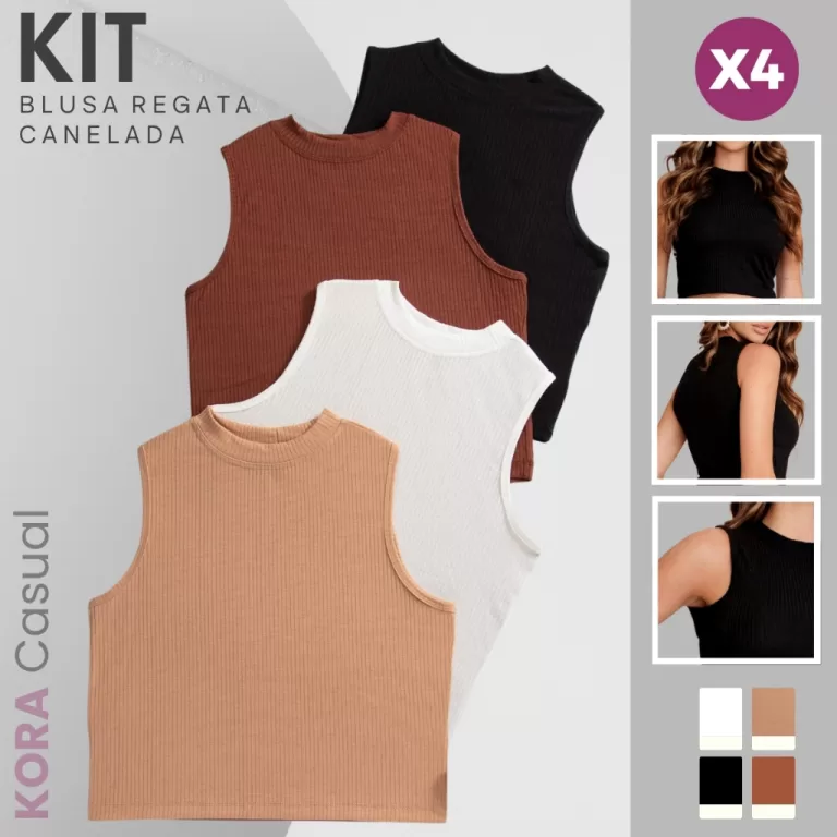 Kit C/ 4 Regatas Básicas Feminina Tecido Canelado