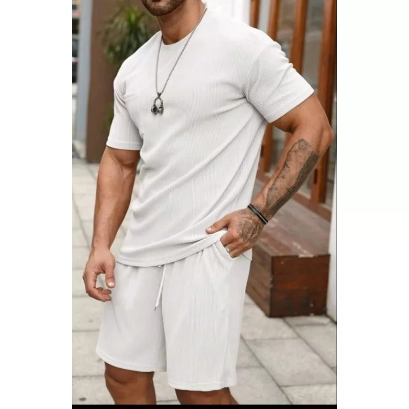 Conjunto Masculino, Malha Canelado De Algodão Bermuda, Camiseta