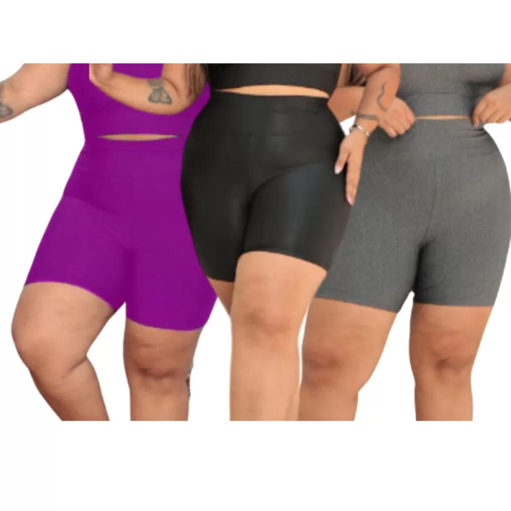 Kit 3 Shorts Plus Size Cintura Alta Feminino Suplex Academia