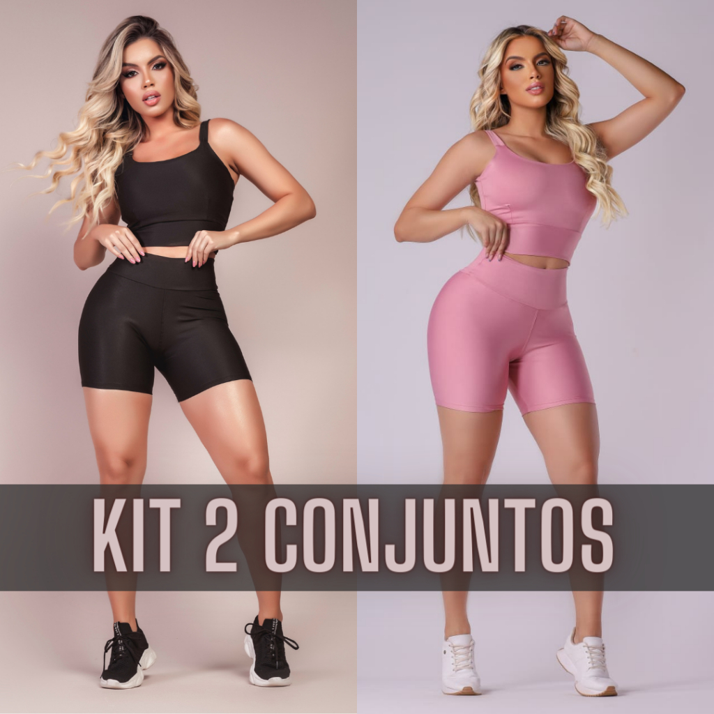 Kit 2 Conjunto Fitness Short e Cropped – Conjunto Academia Cintura Alta