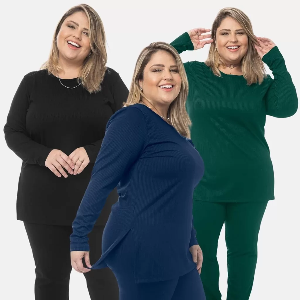 Kit 3 Blusa Canelada Feminina Plus Size Long Line Frio 1208-K3