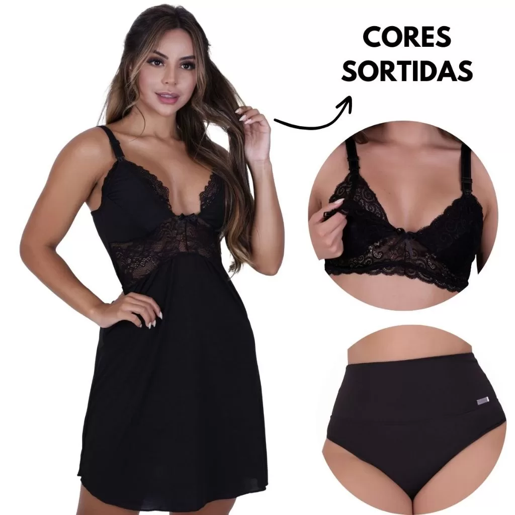 Kit Amamentação Camisola com Sutiã De Renda Para Amamentar Maternidade e Calcinha Pós Parto