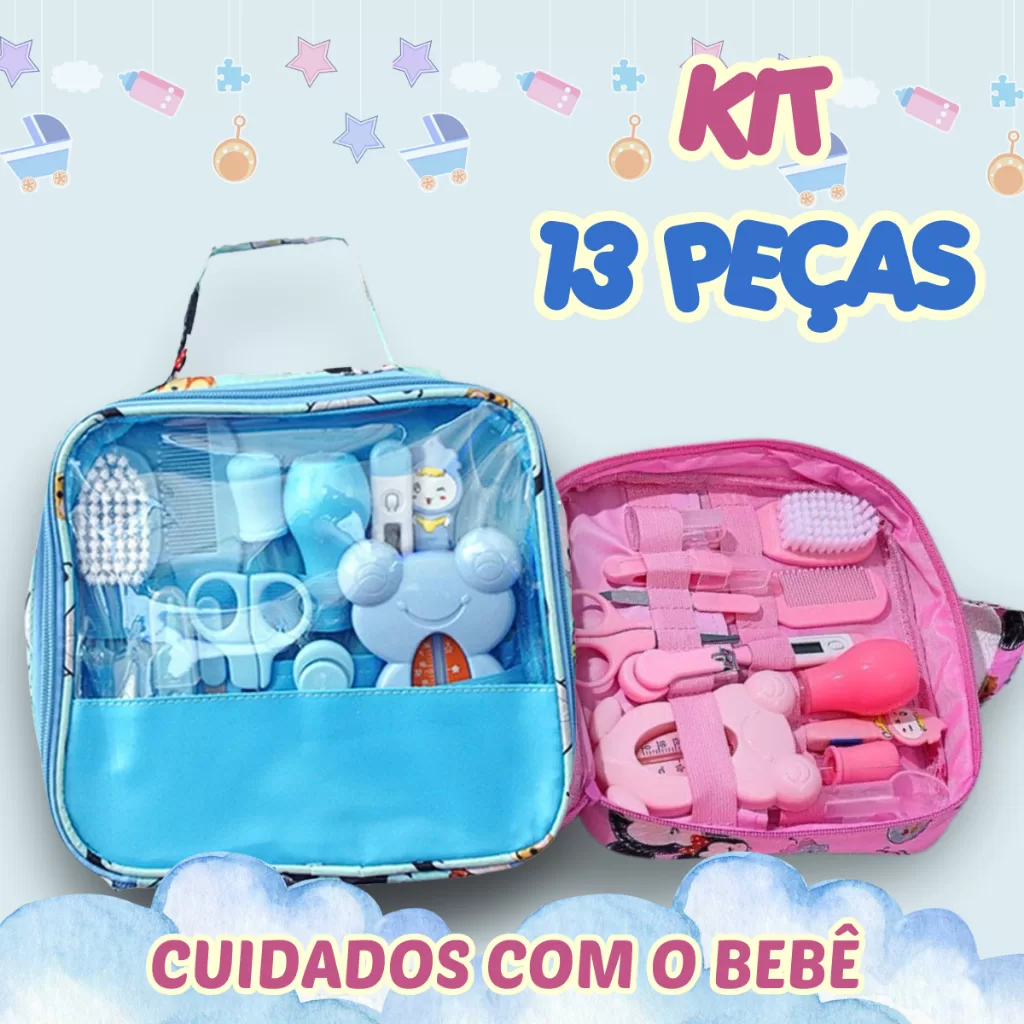 Bolsa Completa Cuidados para Bebê Kit 13 Itens Termômetro Pente Tesoura e Outros Acessórios Essencia