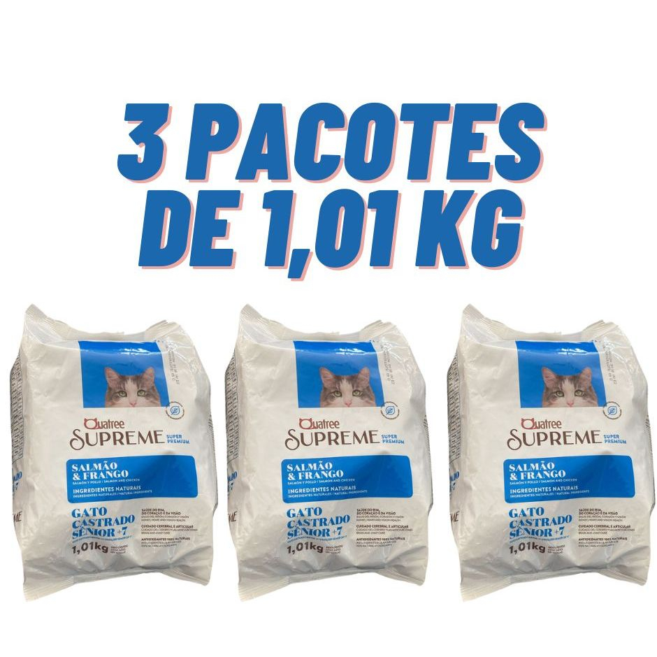 Kit Ração 1kg  1, 2, 3 Pacotes Ração Quatree Supreme Para Gatos Idosos Castrados Salmão e Frango