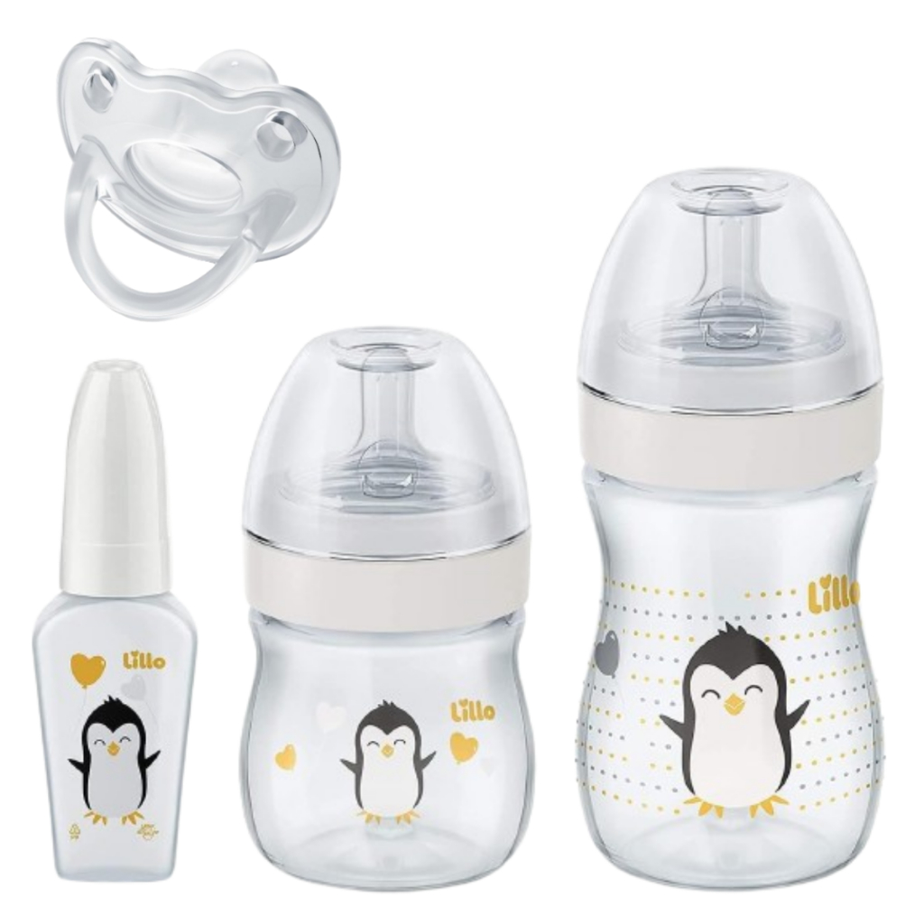Kit 3 Mamadeiras Lillo Bico Reto com Chuquinha e Chupeta Ortodôntica 0-6 meses 100% Silicone