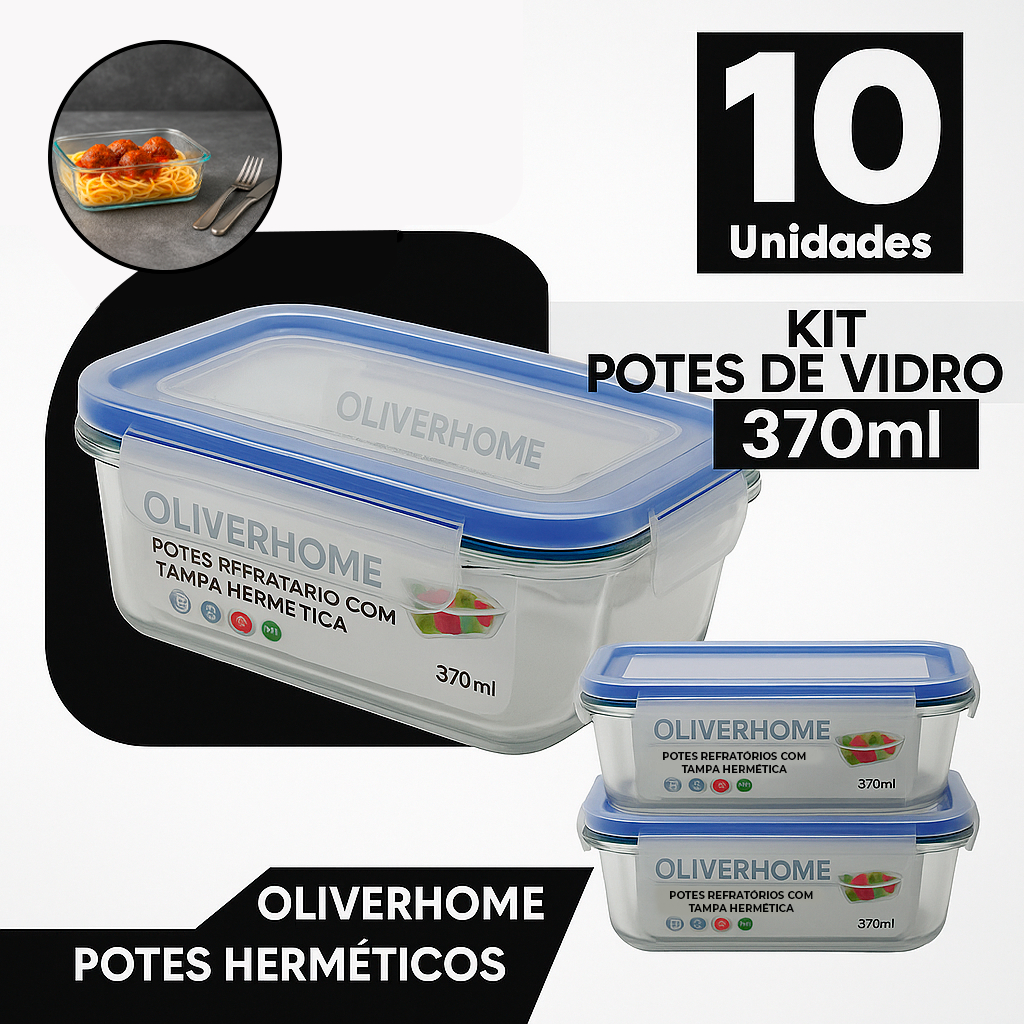 kit 10 ou 5 ou 3  Potes de Vidro 370ml Hermético Marmita Fit com Tampa 4 Travas OliverHome