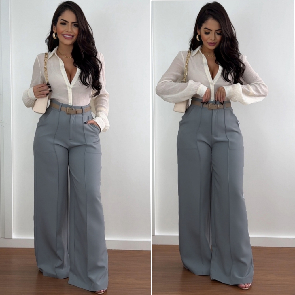 Calça Pantalona Feminina Alfaiataria com Bolso Fechamento Ziper na Frente