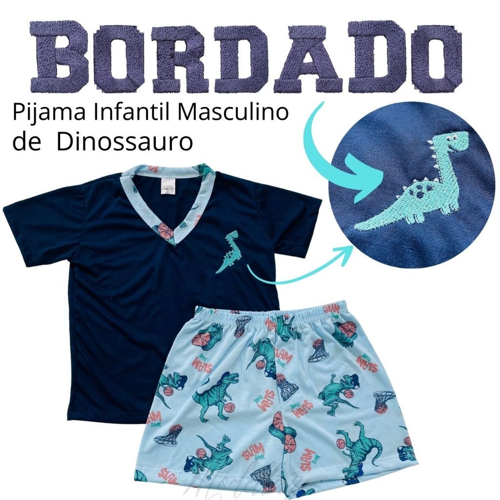 Pijama Dinossauro Infantil Masculino Dinossauro Bordado Malha Leve