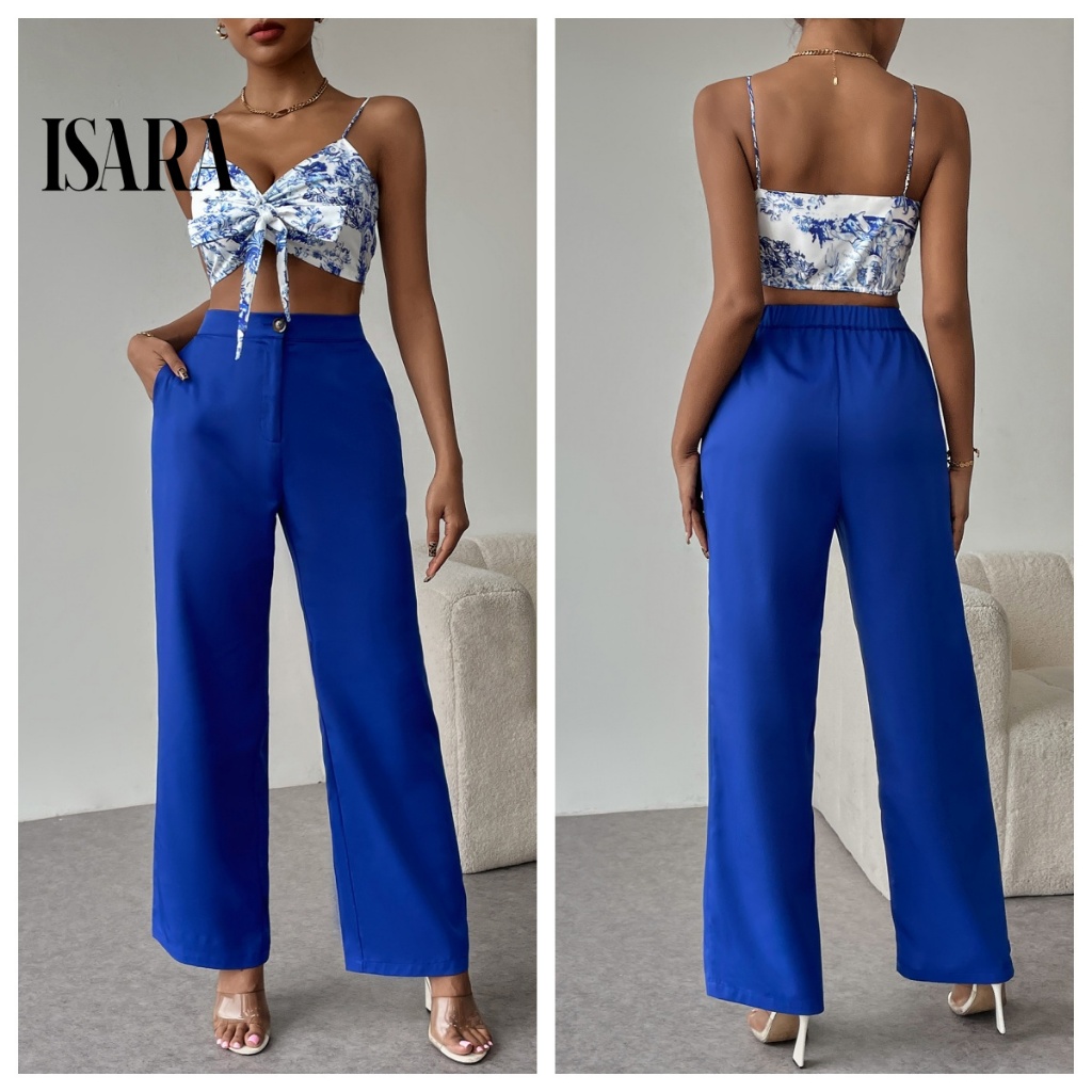 ISARA Conjunto social feminino, blusa estampada + calça pantalona de alfaiataria.