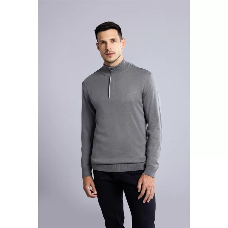 Tricot Gola Alta com Meio Zíper- Cinza