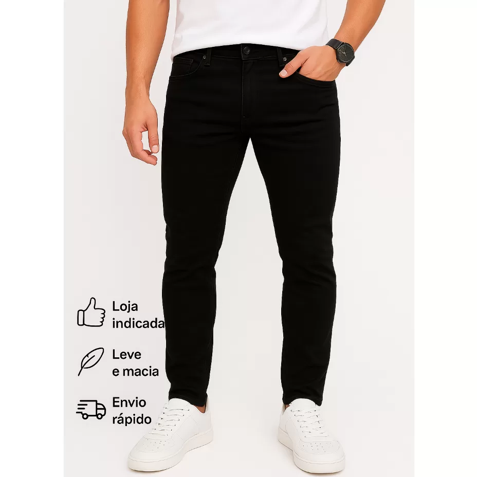 Calça Skinny Preta Masculina Jeans Com Elastano Lycra NF