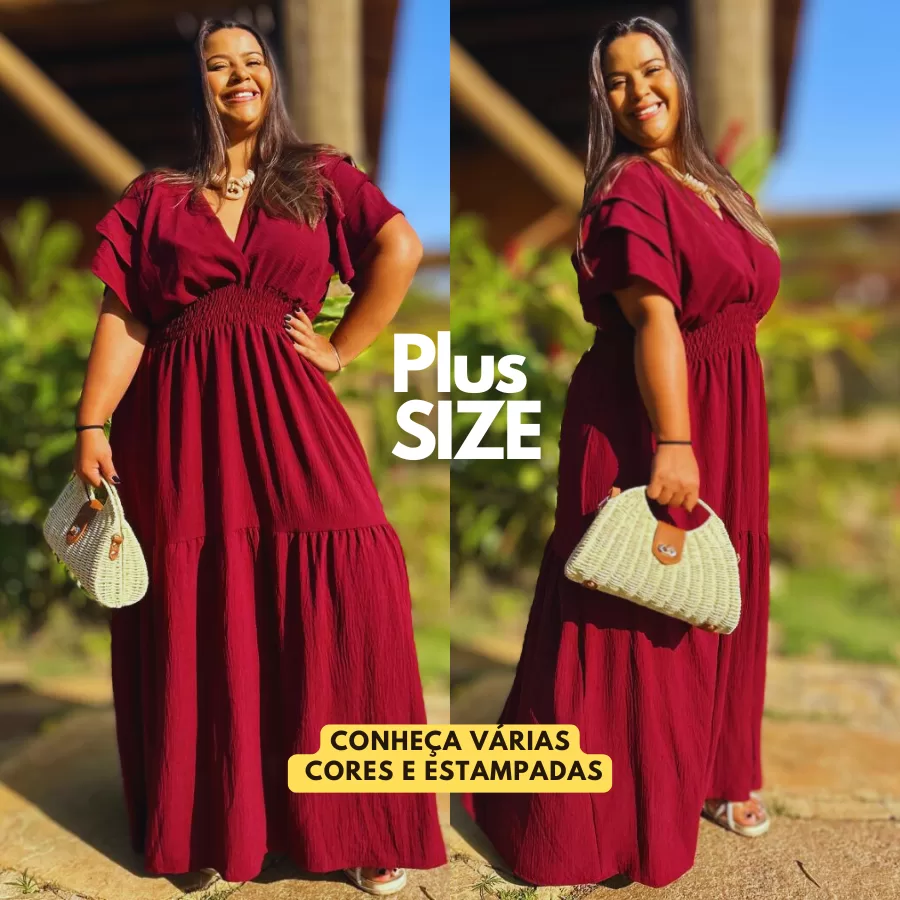 Vestido Longo Plus Size Feminino Duna Levinho Moda Verão Manga Elegante Moderno Casual Festa
