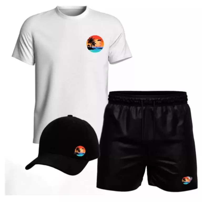kit camiseta 100% algodão, short praia mauricinho