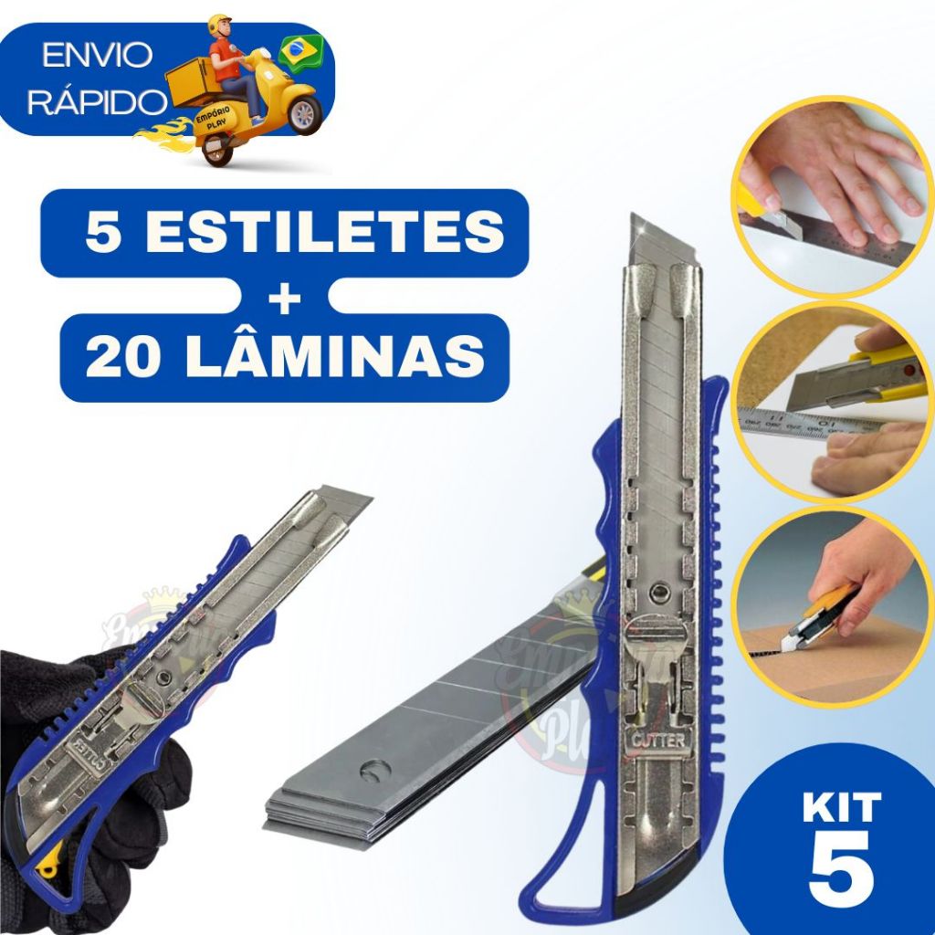 Estilete Profissional 16cm Com Trava Aço Maciço Com Lâminas Reserva Papel Tecido Pasticos