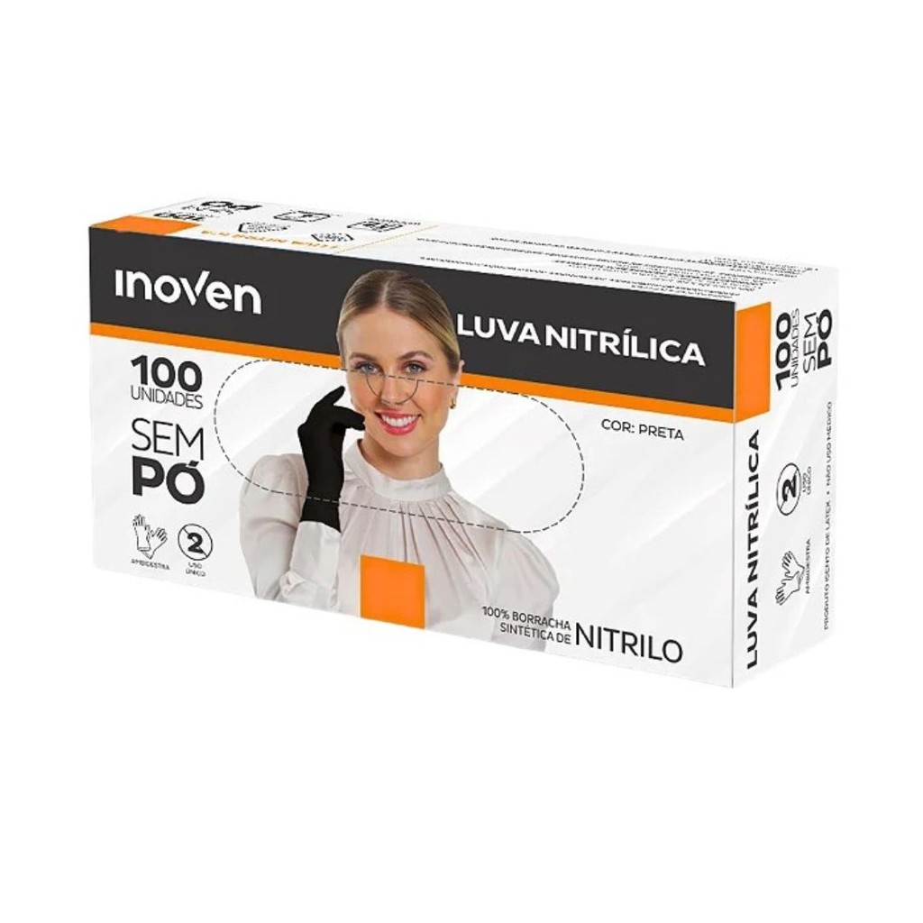 Luva Nitrílica Preta Sem Pó Inoven  100 unidades