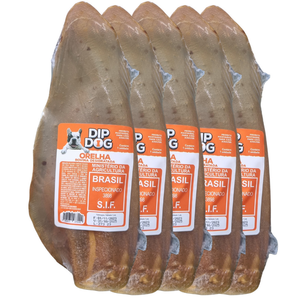Kit 5 Mordedor Orelha Bovina Natural Para Cachorro Dip Dog