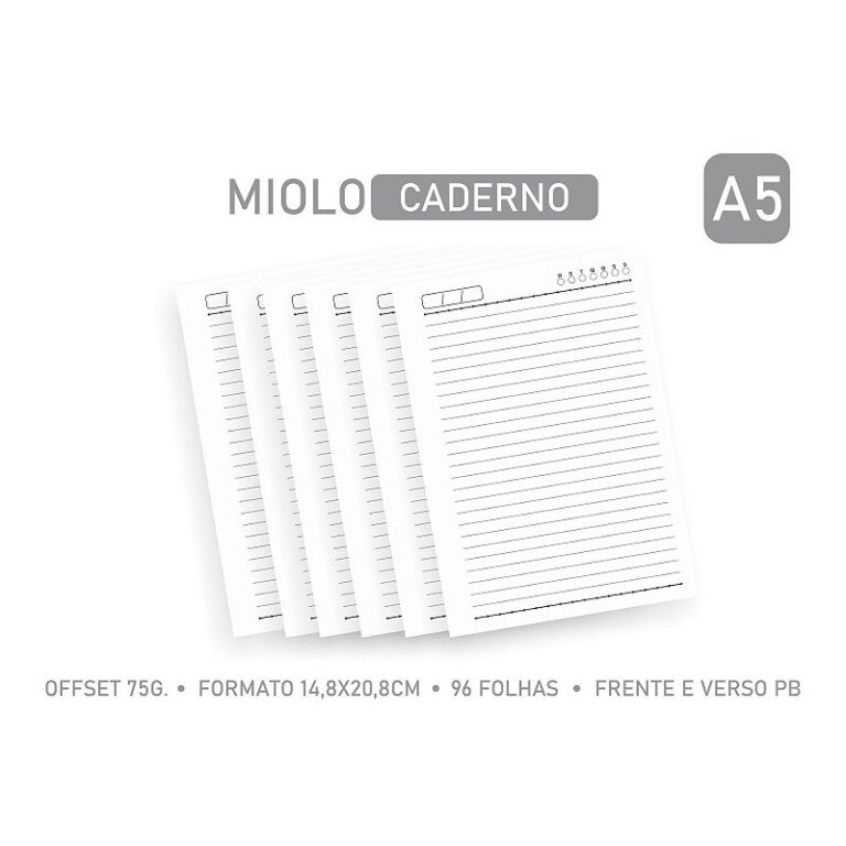 MIOLO PAUTADO A5 PARA CADERNO  96 folhas – O