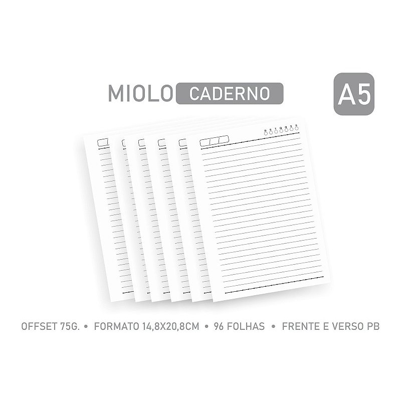 MIOLO PAUTADO A5 PARA CADERNO  96 folhas – OFFSET 75G. 1/1 PB – Embalagem unitária