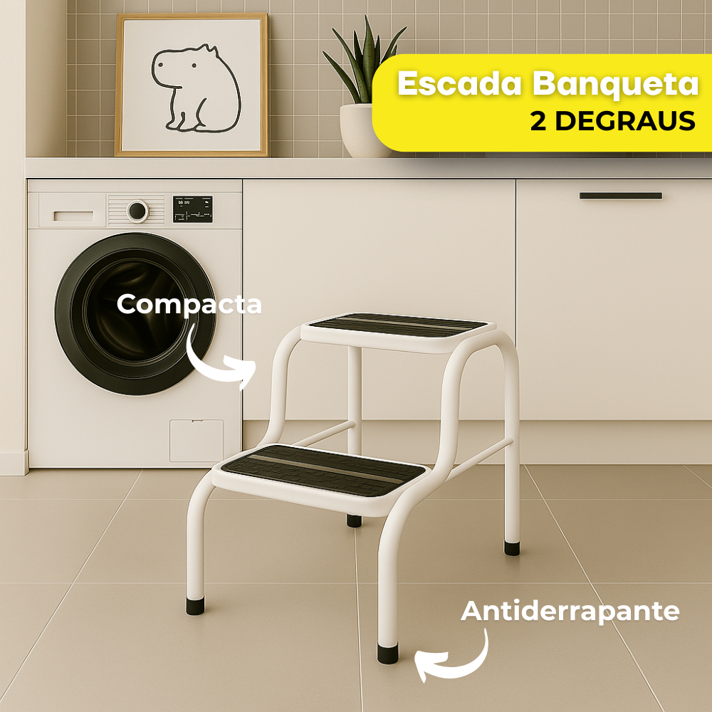 Banqueta Escada 2 Degraus em Aço Reforçado – Compacta, Segura e Ideal para Uso Doméstico NO2PROBLEMS