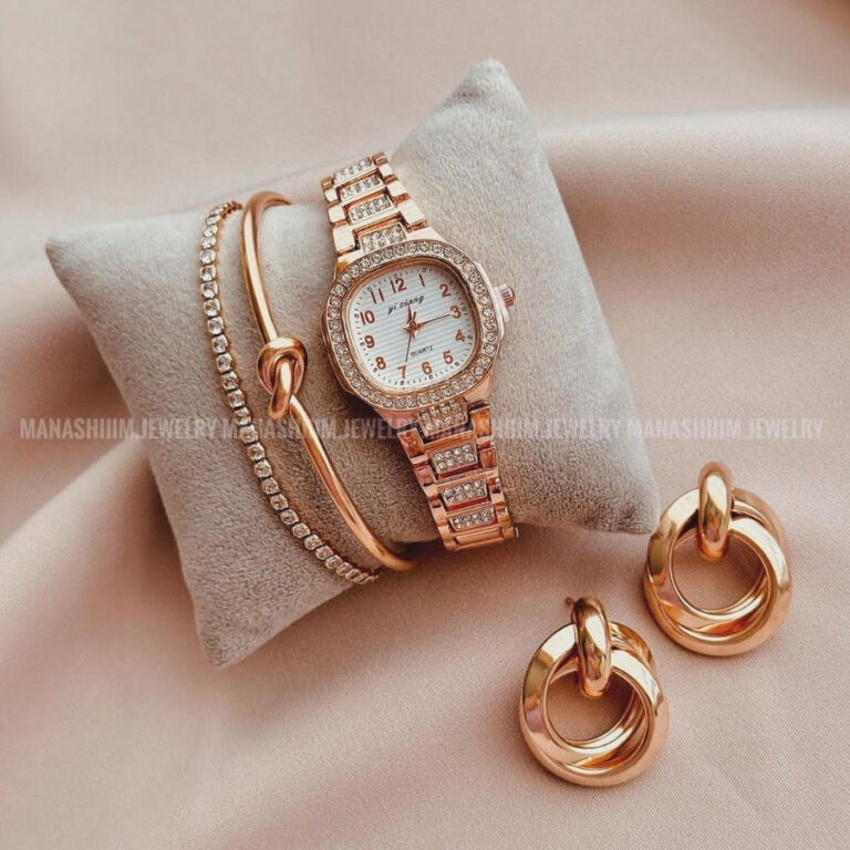 Kit Conjunto Relógio Feminino Dourado com Bracele