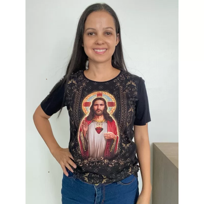 Baby look blusa feminina Religiosa católica Sagrado Coração de Jesus