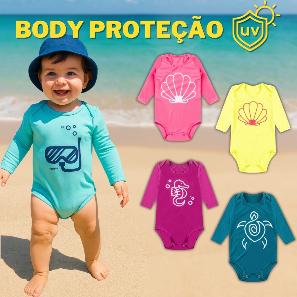 Kit 2 Bodys Bebê Proteção UV50+ Estampado Manga Longa Moda Praia Piscina Proteção Solar