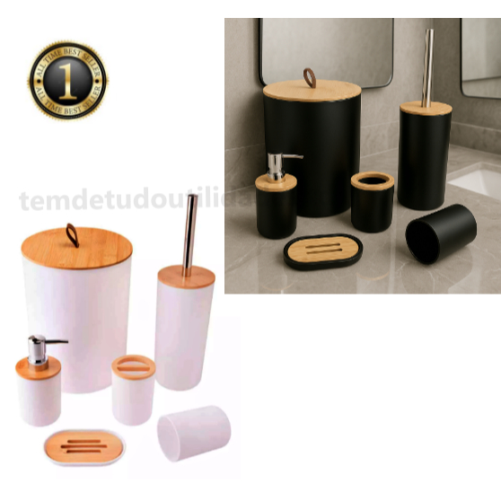 Kit Banheiro 6 Peças Tampa Bambu e Plástico Lixe
