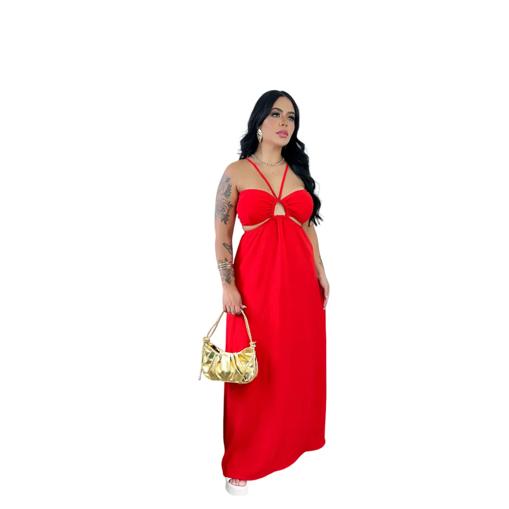 Vestido Feminino Longo Estampado Alça Amarração Na Costa