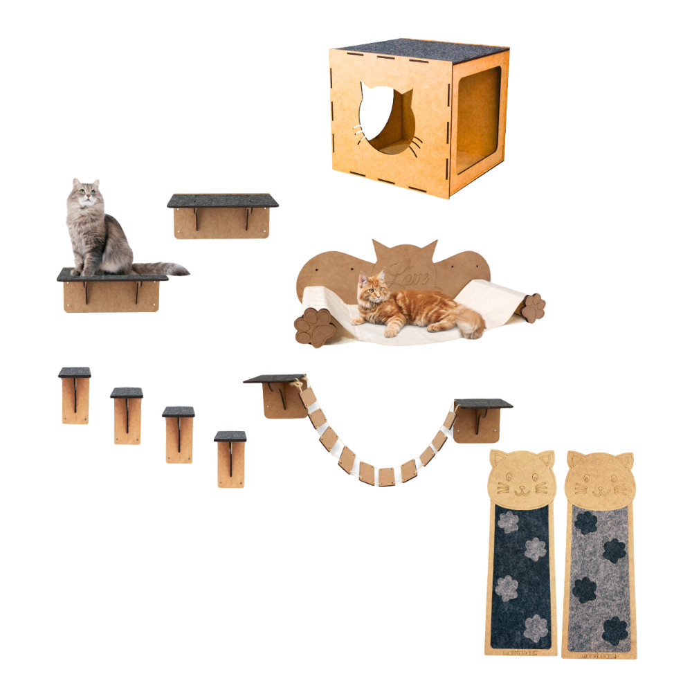 Kit  Playground Para Gato 11 Peças 4mm Ponte Nichos Prateleiras Degraus Rede e Arranhadores
