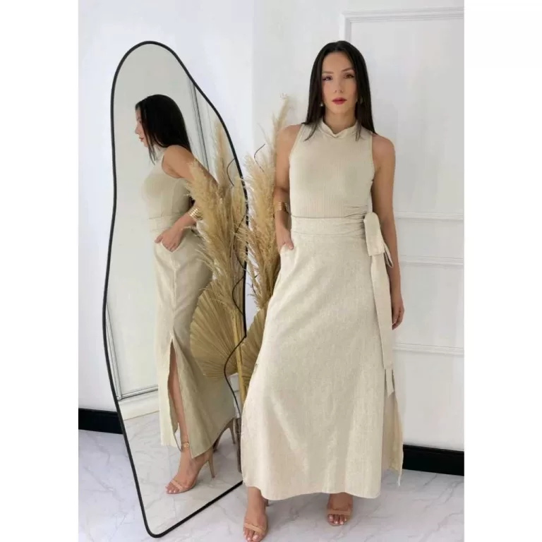 Saia Longa  Linho  Alfaiataria Moda Evangélica Te