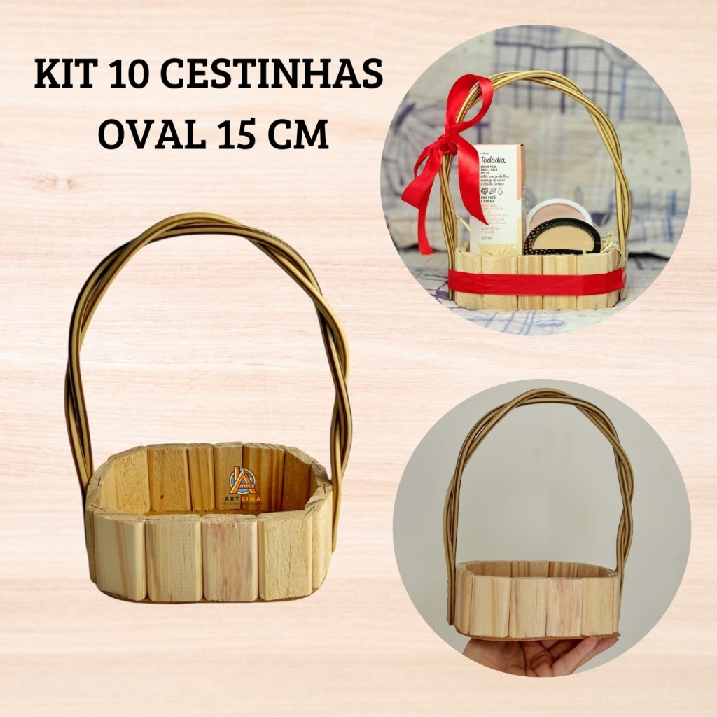 Kit 10 Cestinhas Madeira Oval Com Alça Presente Chocolates Cosmetico Tam 15cm Cesta Madeira