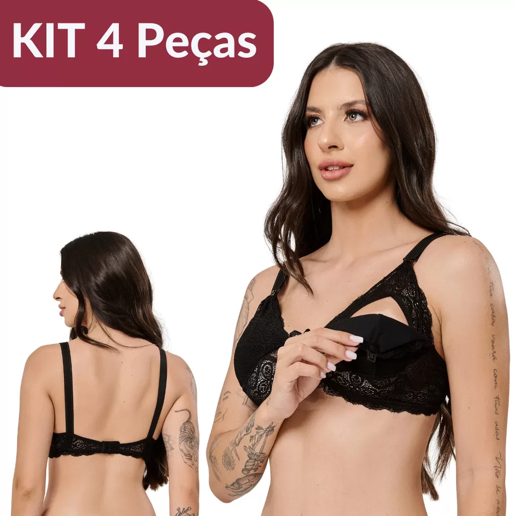 Kit 4 Sutiãs Amamentação Renda Reforçada | Alças Largas, Conforto e Praticidade