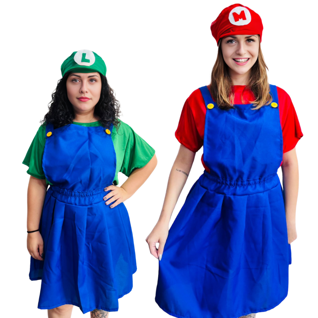 Fantasia Jardineira Mario Bros ou Luigi Feminina Vermelha Verde Adulto + Quepe Premium Entrega FULL