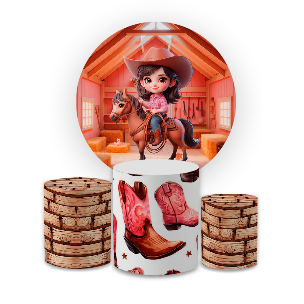 Kit Capa Painel Redondo 1,5 + Trio Cilindros Decoração Tecido Sublimado Decoração Tema Boiadeiros Fa