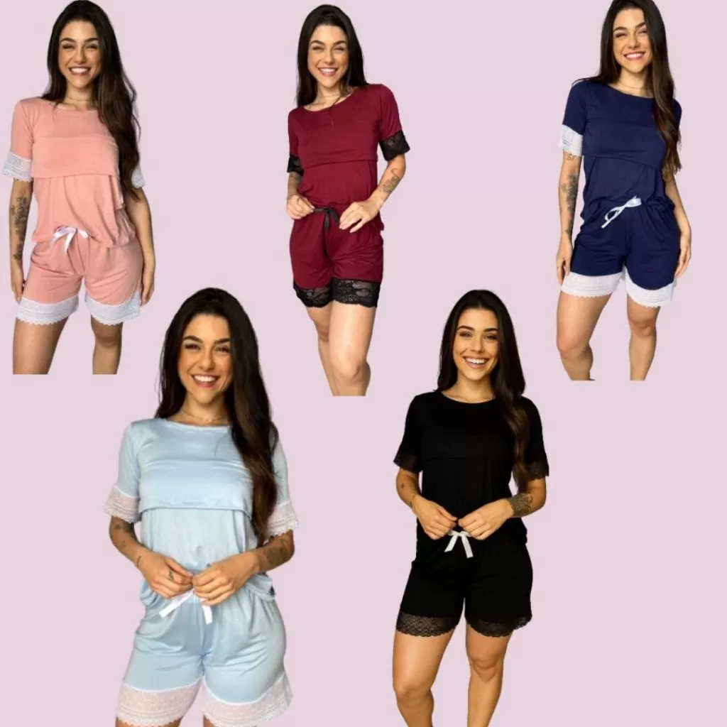 Pijama Feminino Curto Amamentação com Detalhes Em Renda Quentinho Confortavel