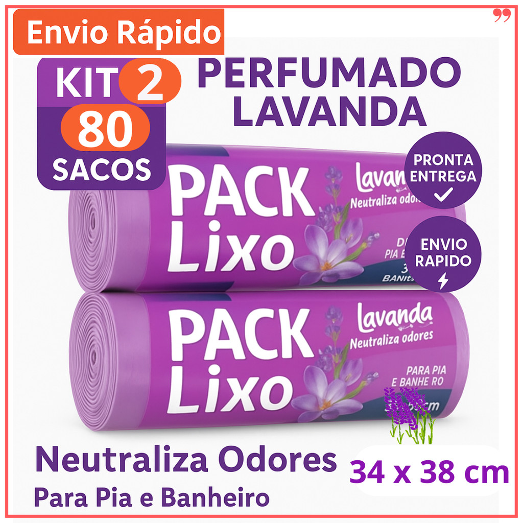 Saco de Lixo Perfumado | Kit 2 com 80 Sacos | Para Pia e Banheiro | 34x38cm | Lavanda